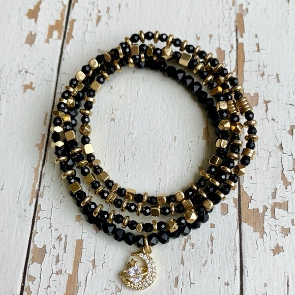 Handmade Jewelry - Set of 2 Black & Gold Hematite Wire Wrap Bracelets w/Crescent Moon Charm